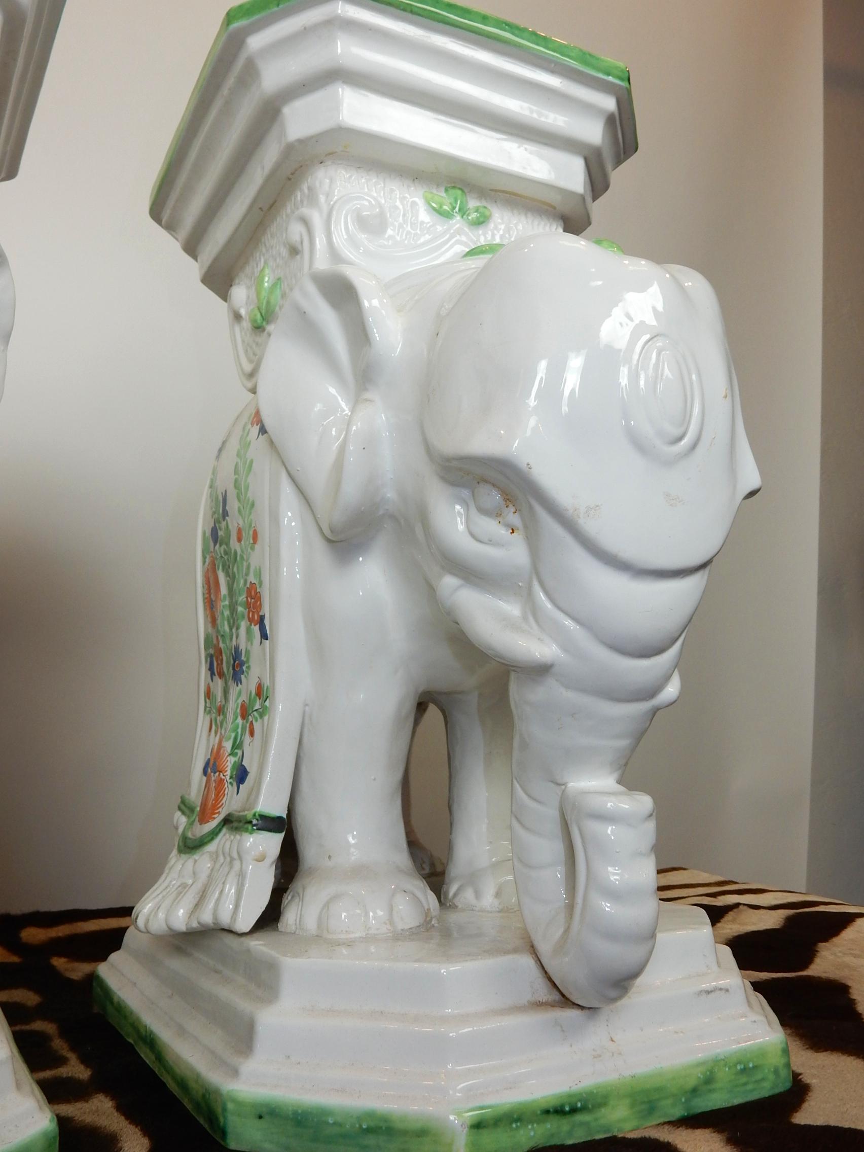 20th Century Pair, 1960s Italian Hand Painted Ceramic Elephant Garden Stools / Tables