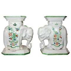 Pair, 1960s Italian Hand Painted Ceramic Elephant Garden Stools / Tables