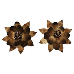 Pair 1960's Italian MCM Willy Daro Gilt Metal Brutalist Wall Sconces