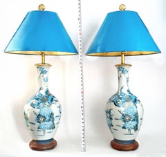 Huge Pair 1960s Japanese Kutani Porcelain Table Lamps with Chinese style Peacock