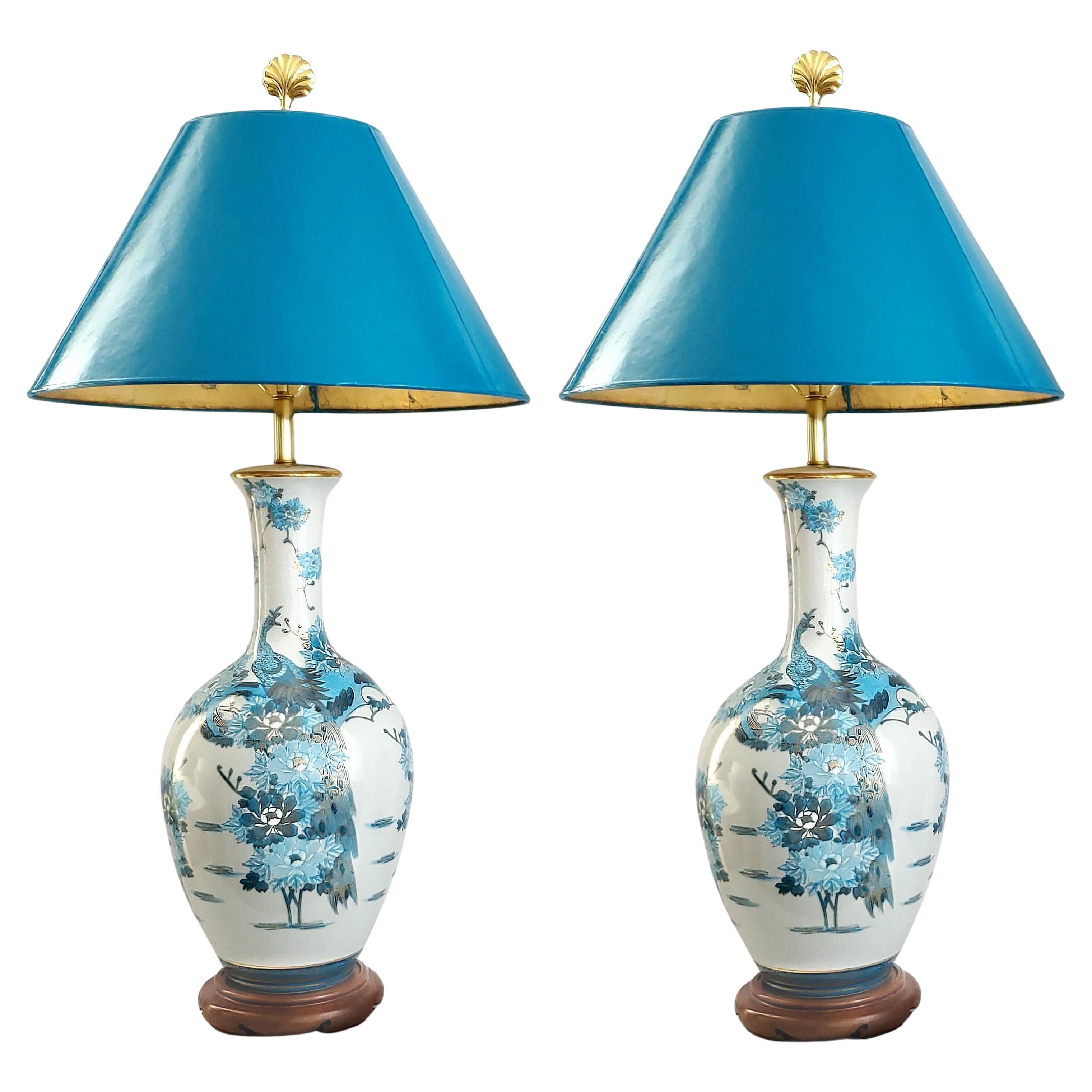 Huge Pair 1960s Japanese Kutani Porcelain Table Lamps with Chinese style Peacock