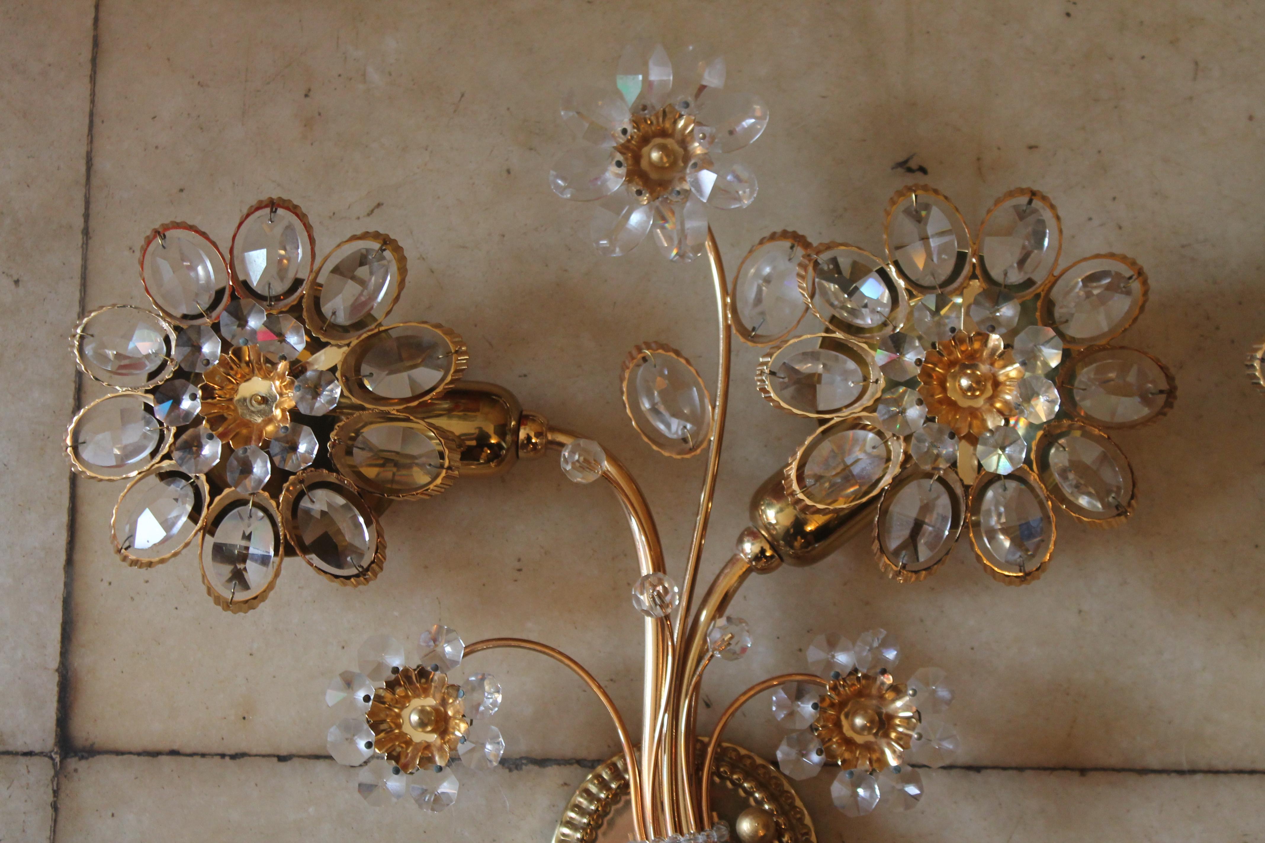 Austrian Pair 1960's Large Mid Century Modern 24K with Crystal Flower Form By Palwa For Sale