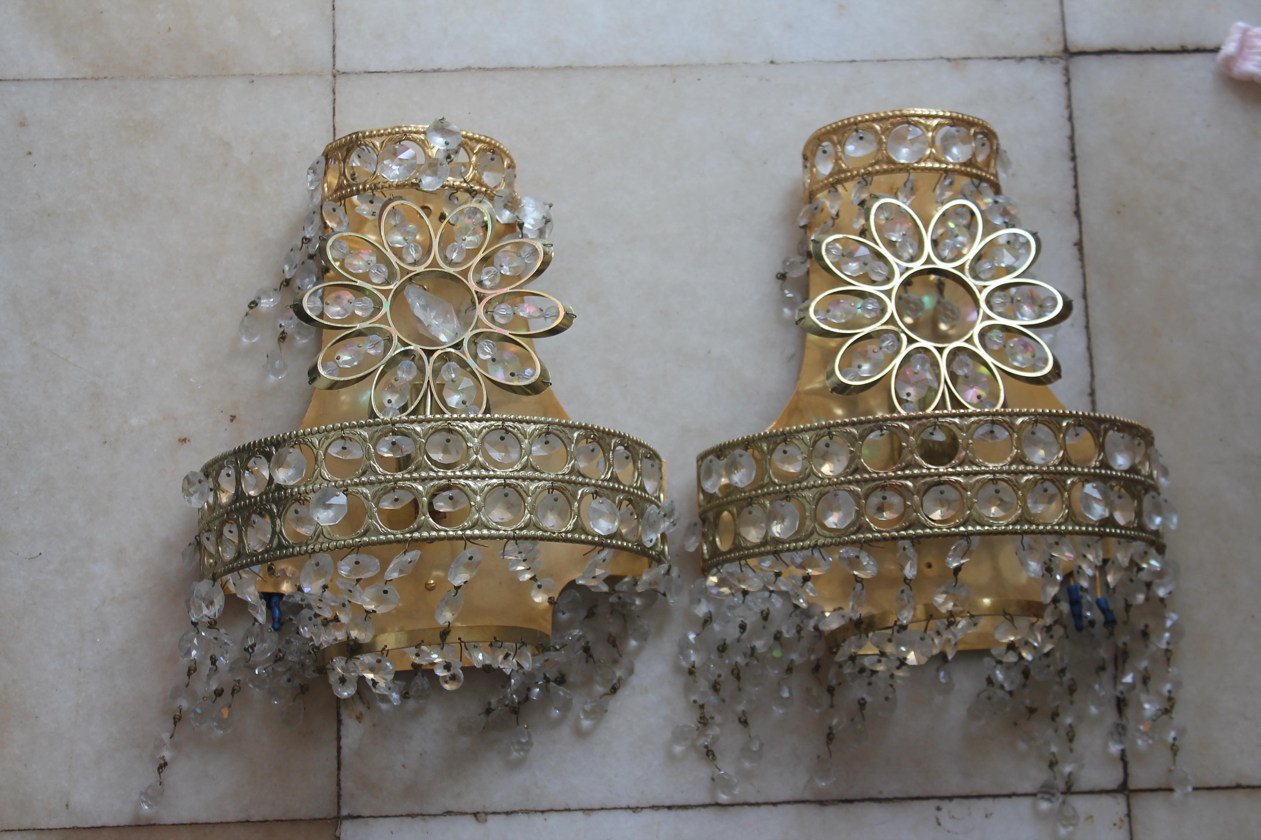 Mid-Century Modern Pair 1960's Mid Century Modern 24K w/ Crystal -Floral Wall Dconces attrib. Palwa For Sale