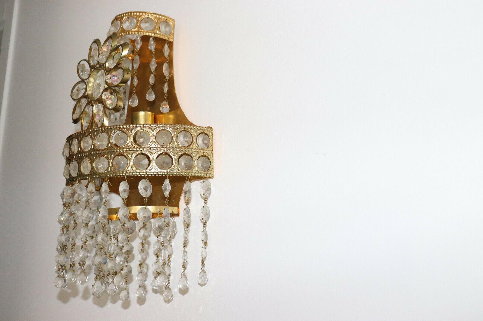 Mid-20th Century Pair 1960's Mid Century Modern 24K w/ Crystal -Floral Wall Dconces attrib. Palwa For Sale