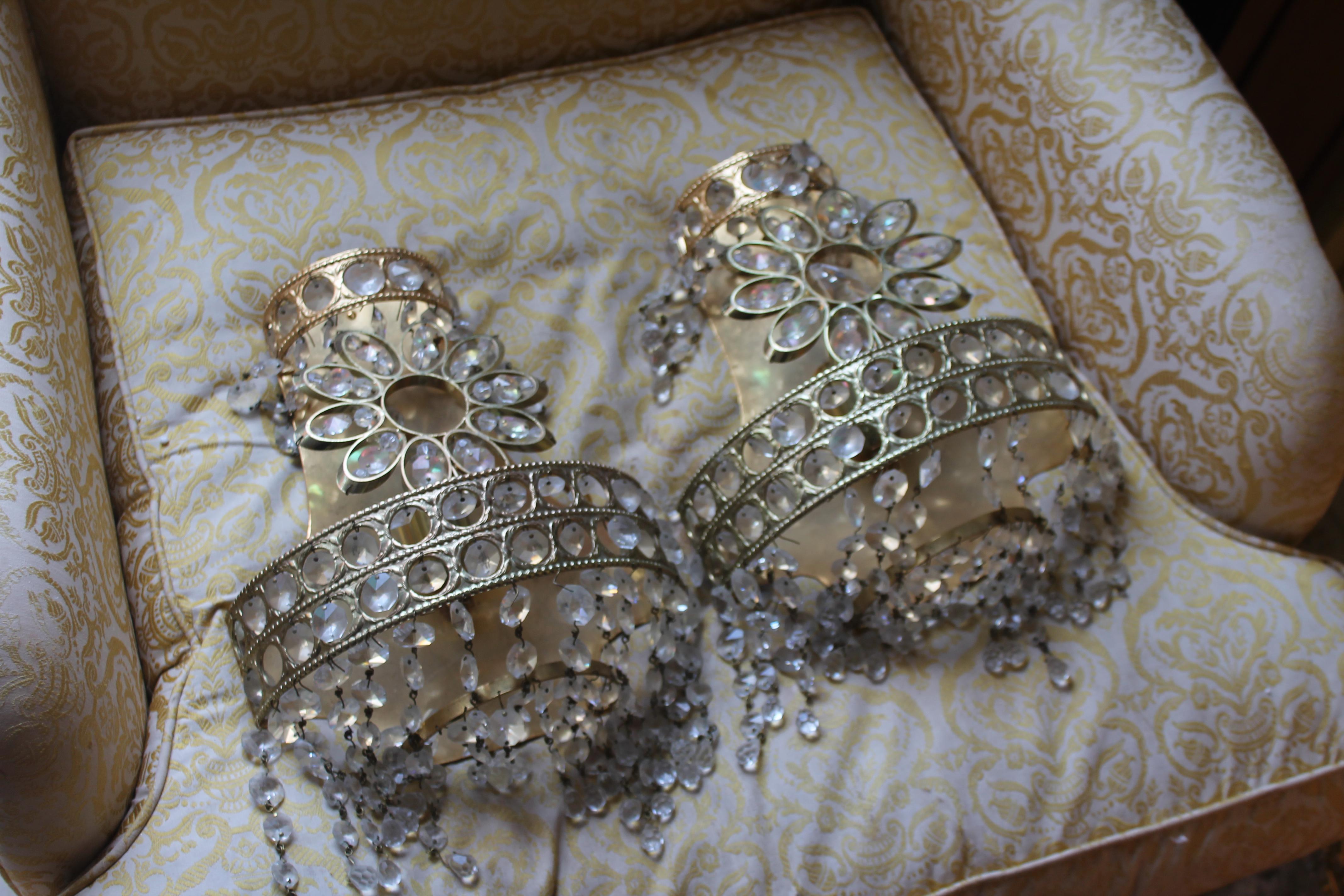 Pair 1960's Mid Century Modern 24K w/ Crystal -Floral Wall Dconces attrib. Palwa For Sale 3