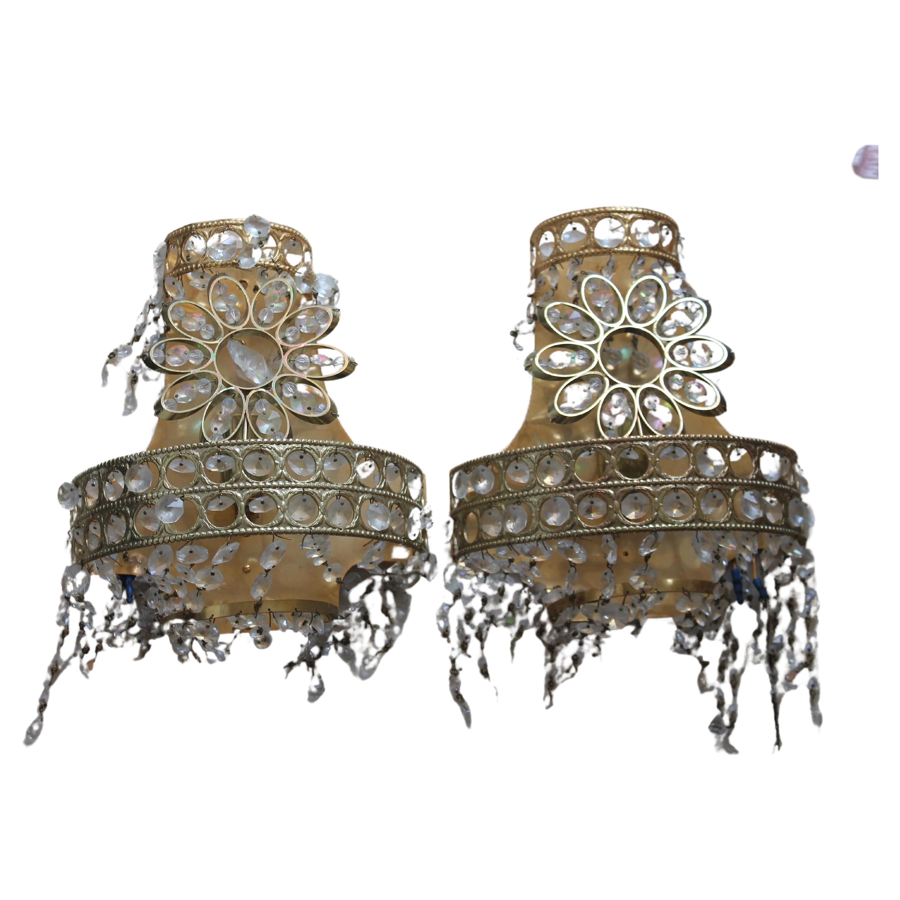 Pair 1960's Mid Century Modern 24K w/ Crystal -Floral Wall Dconces attrib. Palwa For Sale
