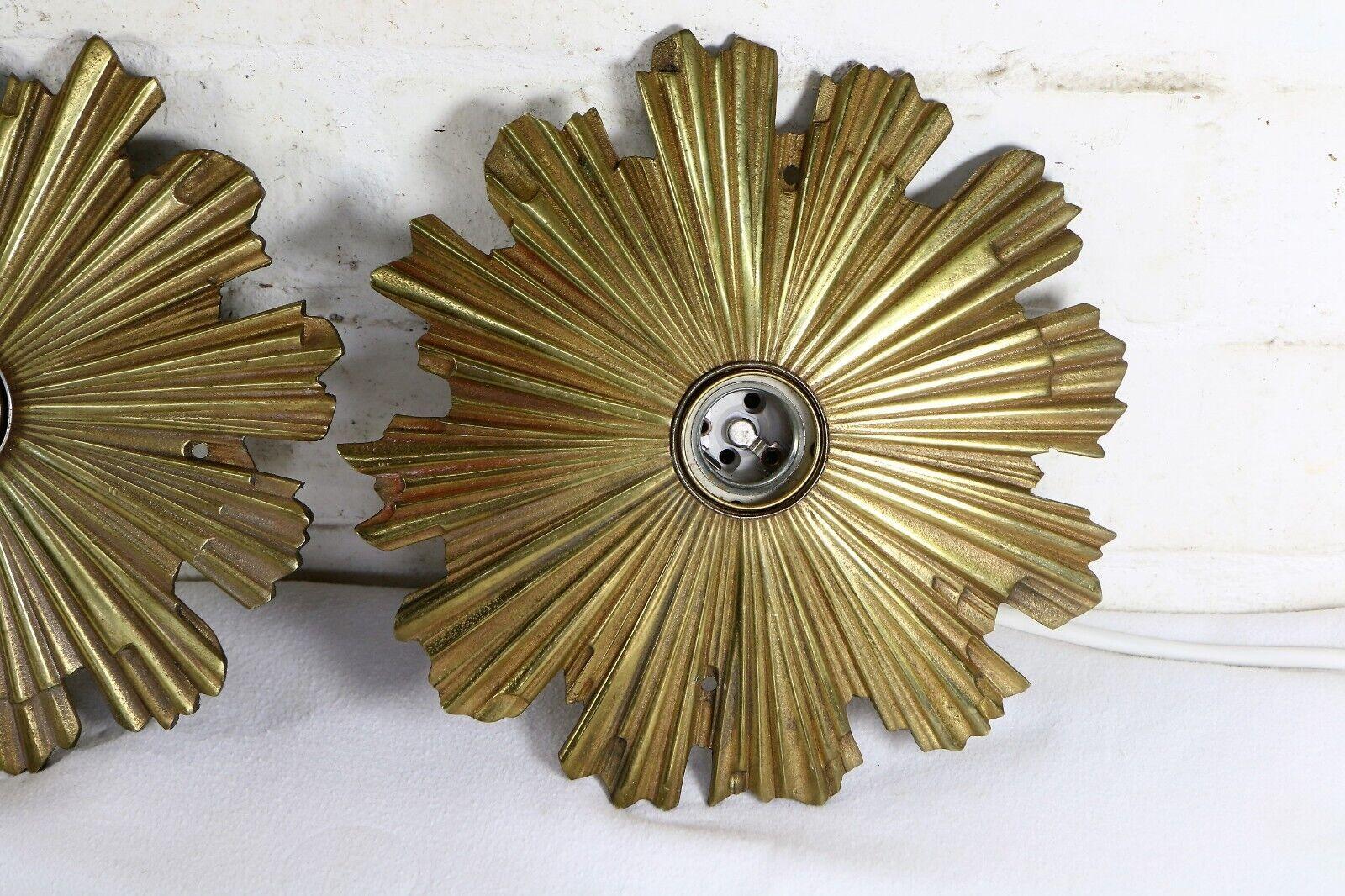 Pair 1960s Mid Century Modern Gilt Bronze Sunburst/ Starburst Wall Sconces For Sale 3