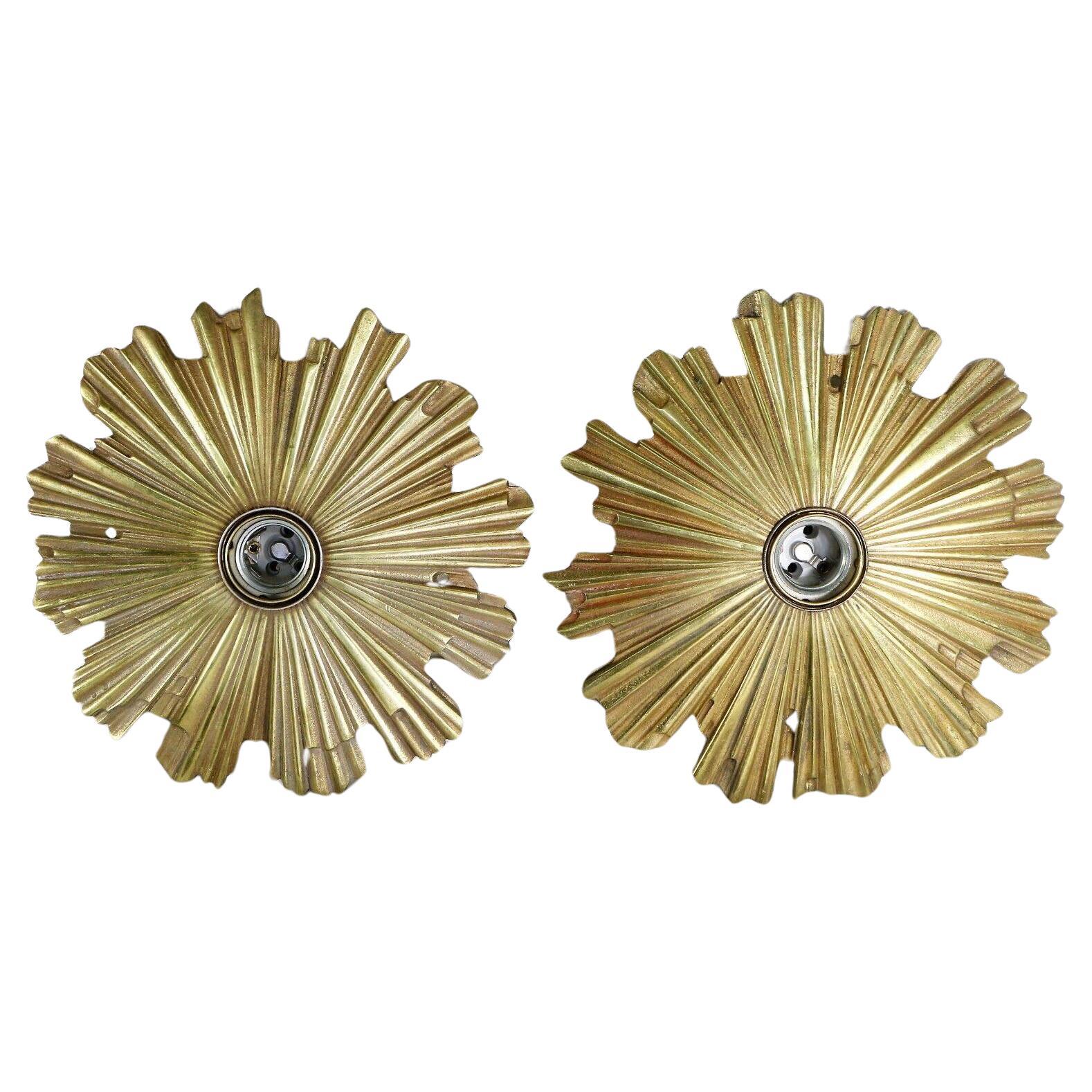 Pair 1960s Mid Century Modern Gilt Bronze Sunburst/ Starburst Wall Sconces