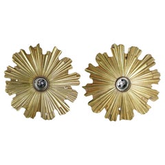 Pair 1960s Mid Century Modern Gilt Bronze Sunburst/ Starburst Wall Sconces