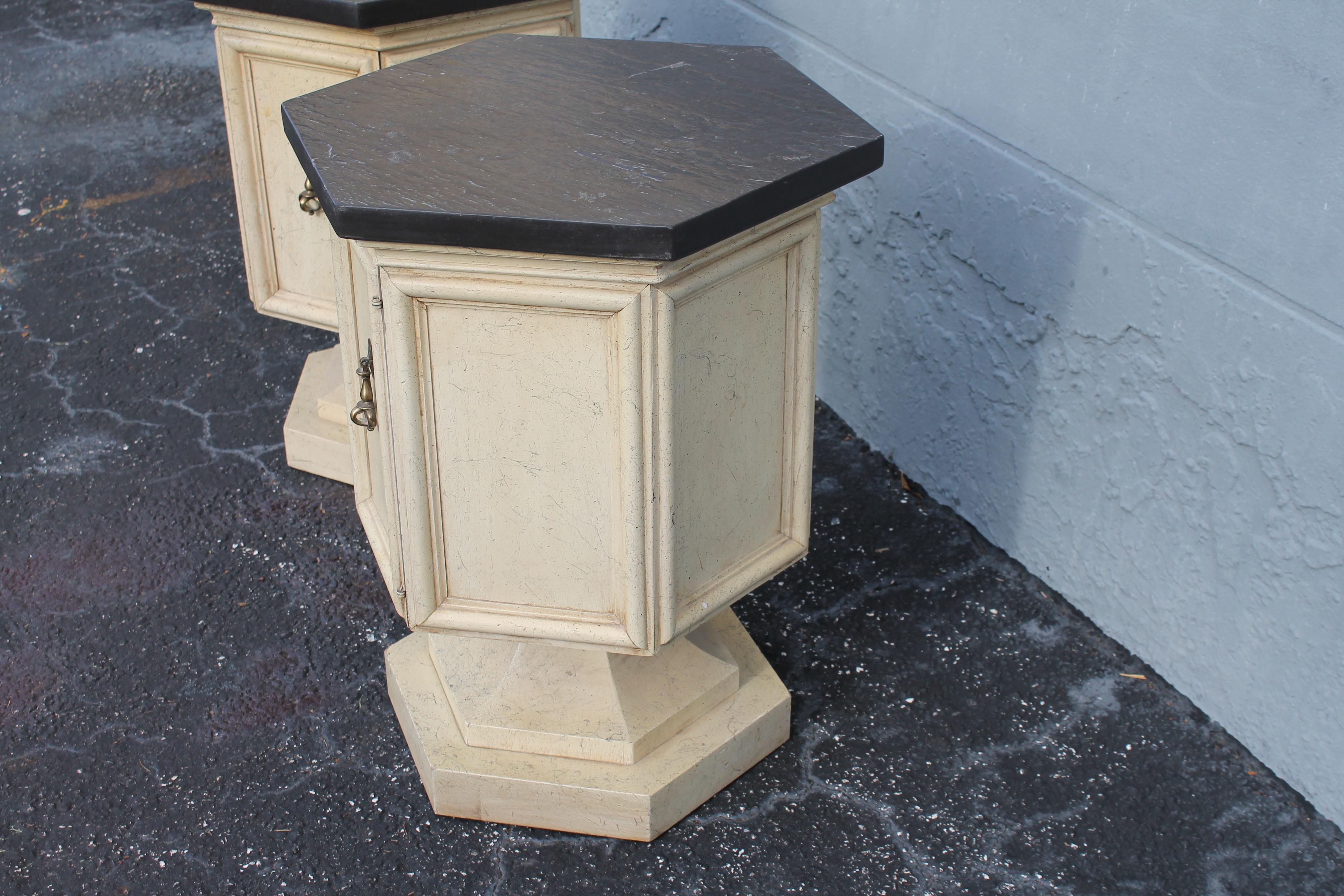 Pair 1960's Mid Century Modern Off White Pedestal Side Tables with Slate Tops For Sale 3