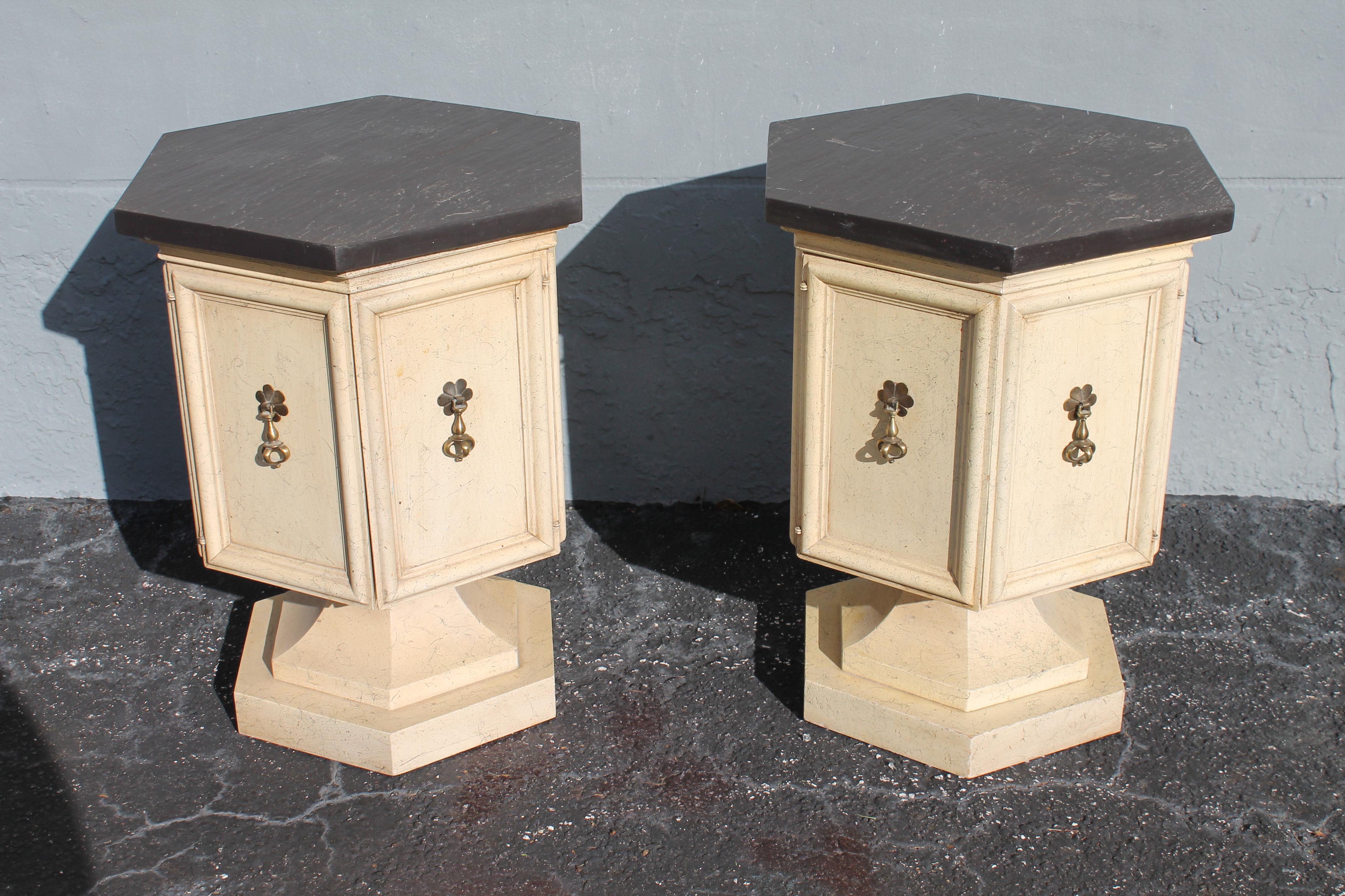 A Pair of Mid Century Modern Off White Pedestal Hexagonal Side Tables, Accent Tables. Slate stone tops on these beautiful tables.