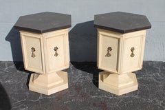 Pair 1960's Mid Century Modern Off White Pedestal Side Tables with Slate Tops