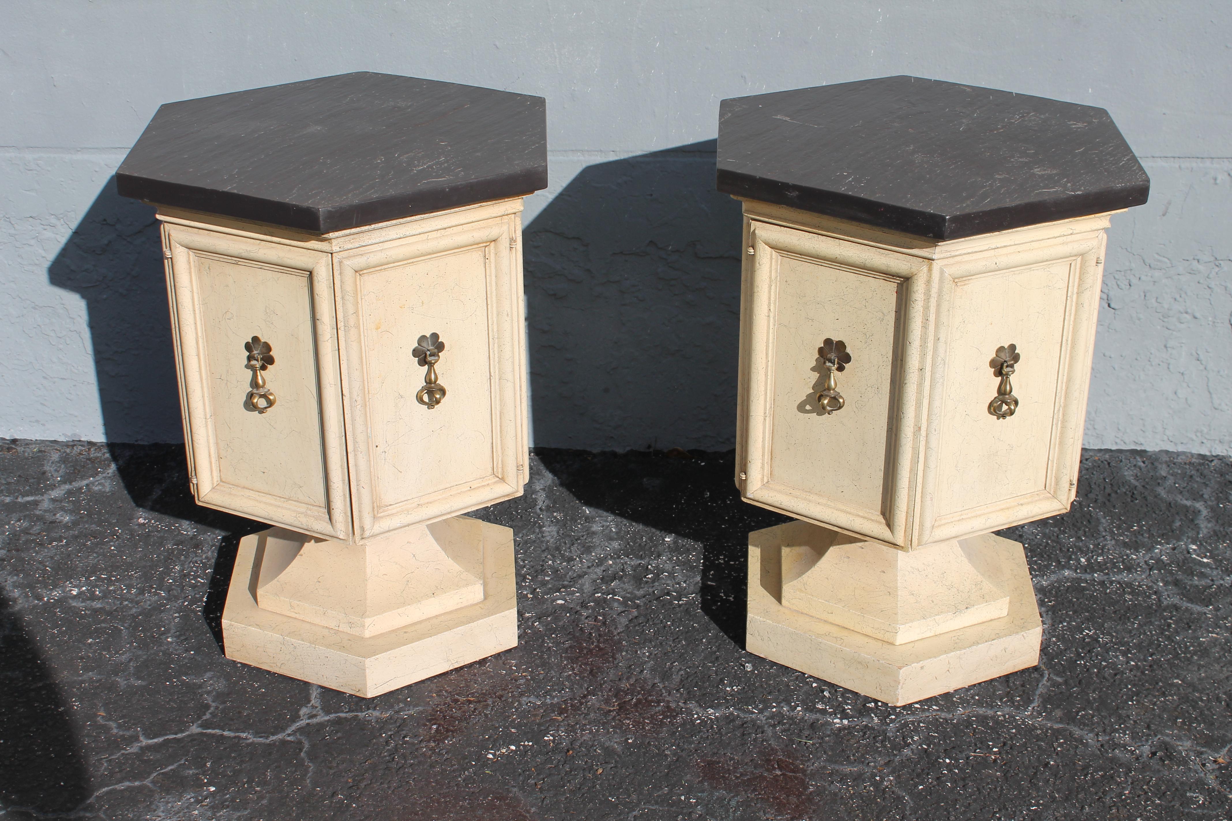 Wood Pair 1960's Mid Century Modern Off White Pedestal Side Tables with Slate Tops For Sale