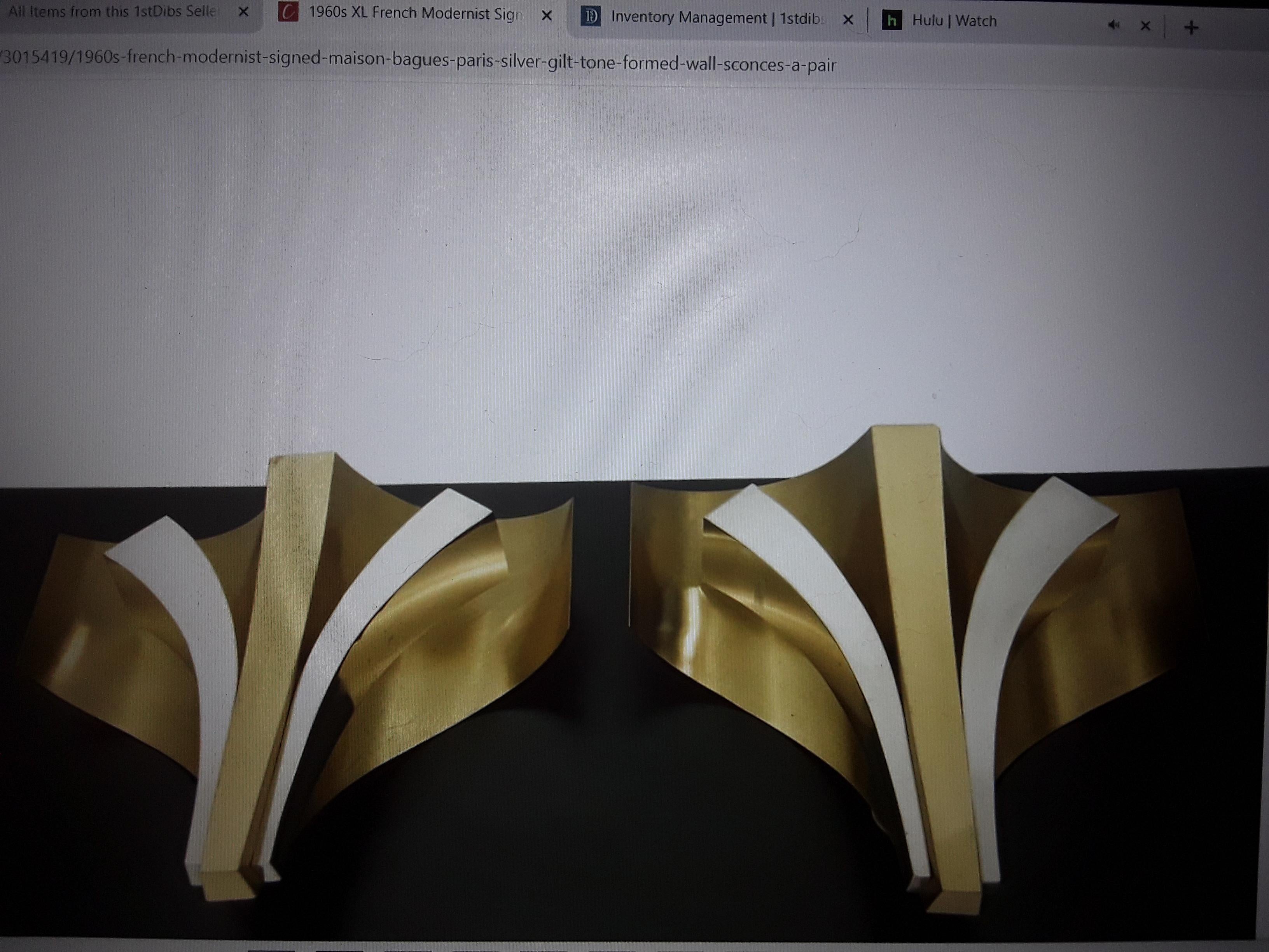 Pair 1960s Mid Century Modern Silver & Gilt- Formed Wall Sconces by MaisonBagues For Sale 7