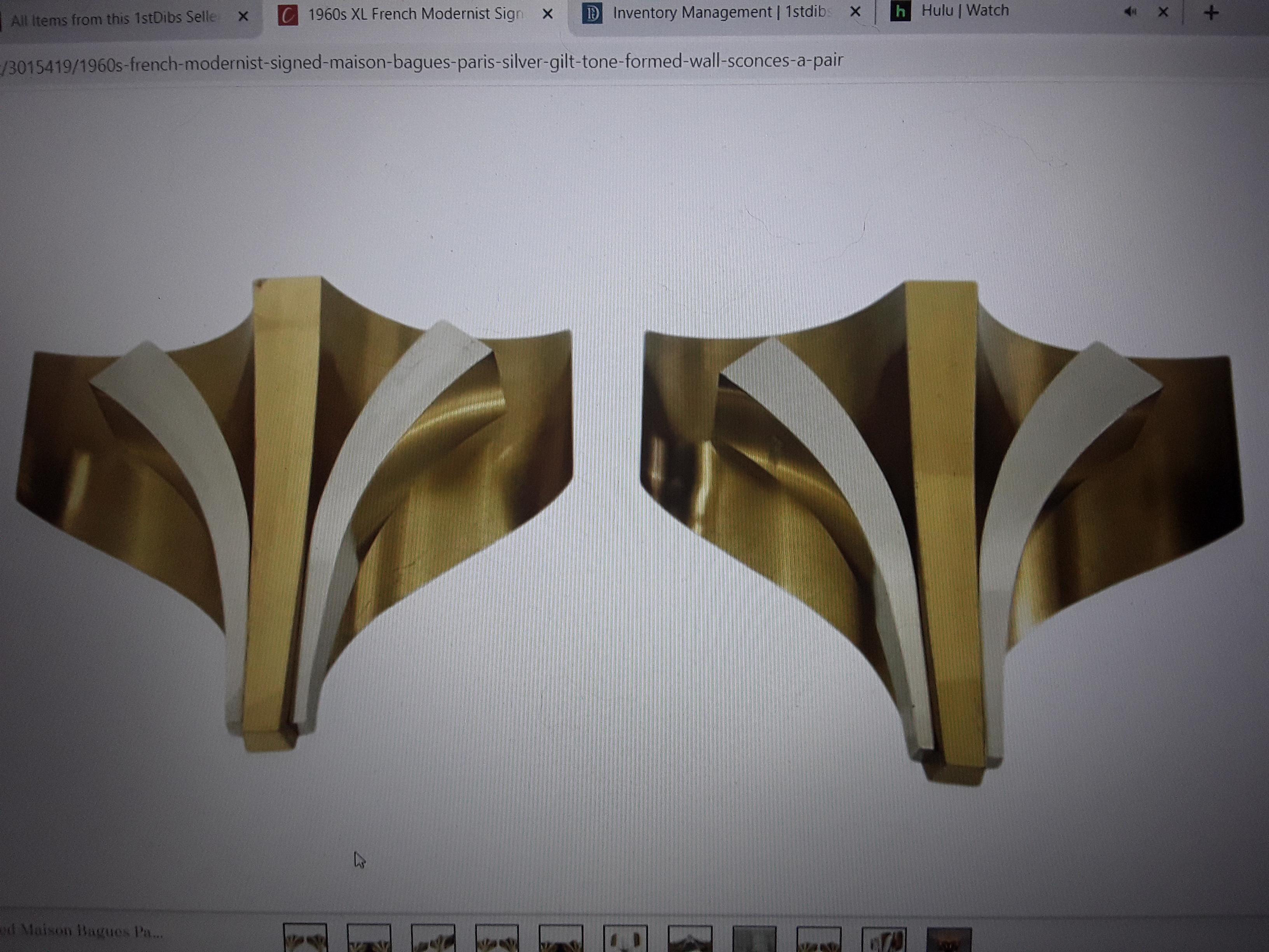 Pair 1960s Mid Century Modern Silver & Gilt- Formed Wall Sconces by MaisonBagues For Sale 9