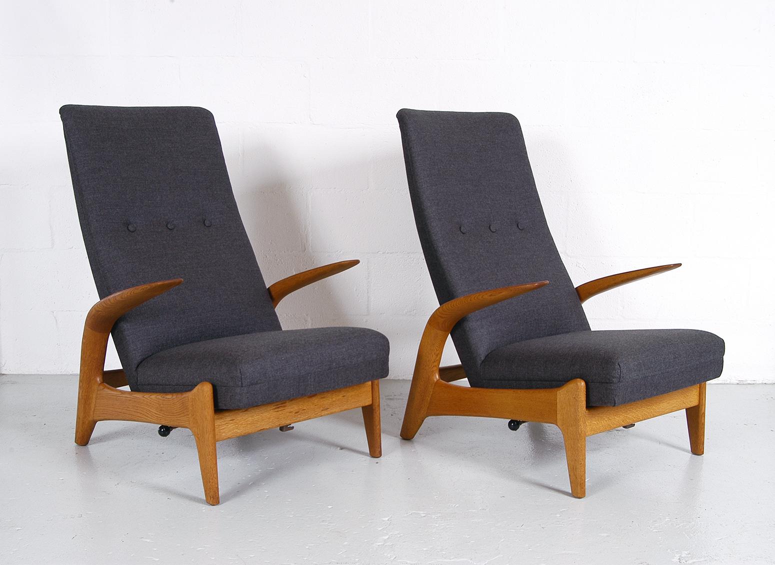 Designed in the mid-1950s by Rolf Rastad and Adolf Relling the Rock ‘n’ rest chair was designed in Norway for Arnestad Bruk, and was an instant success, imported into the UK to be retailed by Gimson & Slater. They feature an ingenious reclining