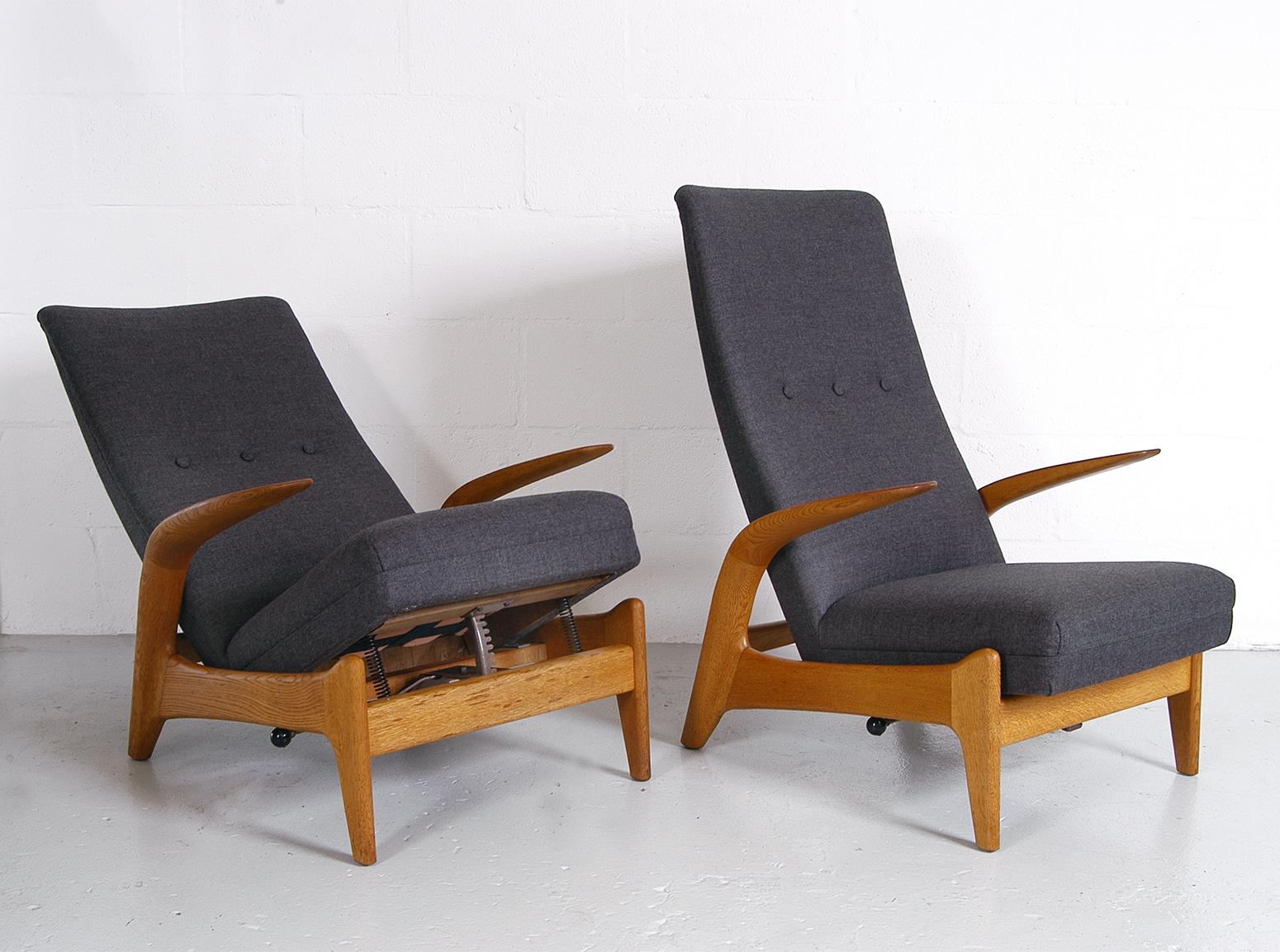Mid-Century Modern Pair 1960s Midcentury Oak + Grey Rock ‘n’ Rest Lounge Chairs by Rastad & Relling