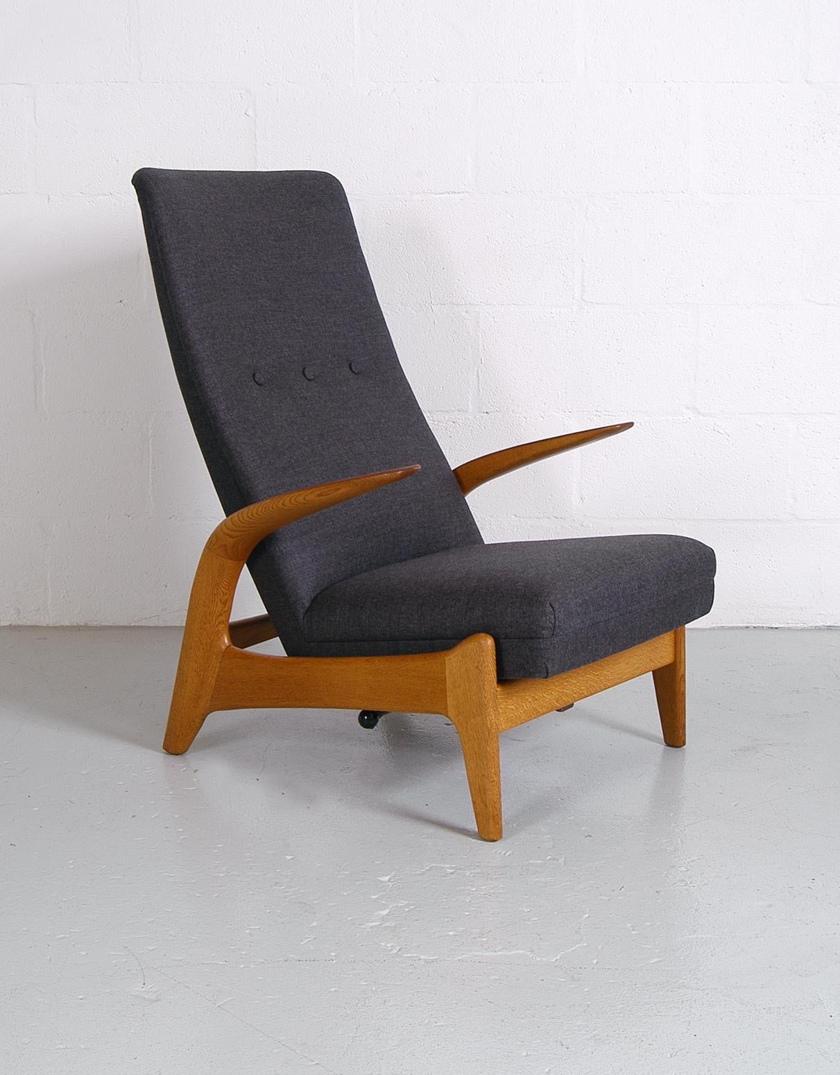 Norwegian Pair 1960s Midcentury Oak + Grey Rock ‘n’ Rest Lounge Chairs by Rastad & Relling