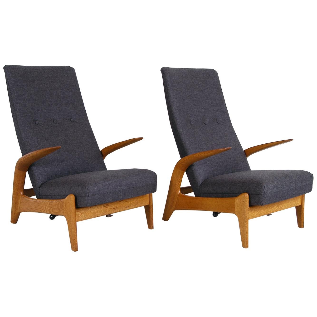 Pair 1960s Midcentury Oak + Grey Rock ‘n’ Rest Lounge Chairs by Rastad & Relling
