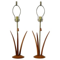 Pair 1960s American Midcentury Teak Water Reed Table Lamps Decorative 