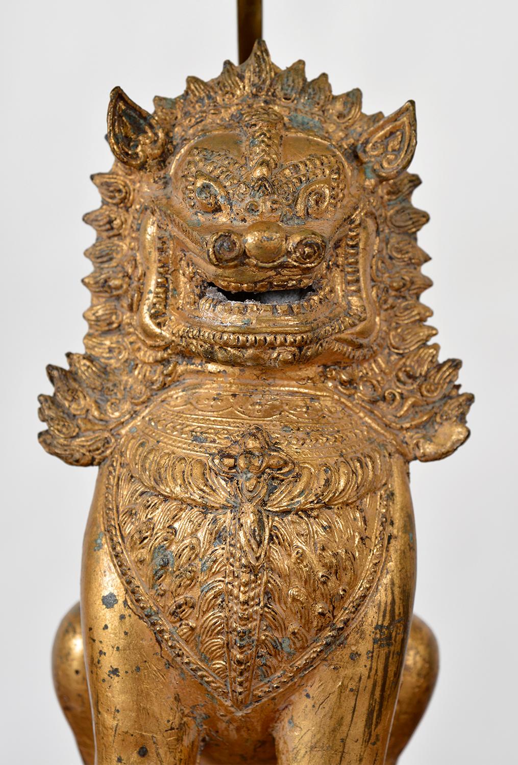 Pair 1960s Mont Asian Gilt Foo Dogs Table Lamps Singha Lion Chinoiserie Gold 2