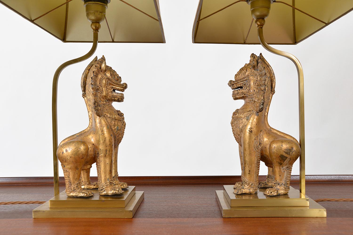 Mid-Century Modern Pair 1960s Mont Asian Gilt Foo Dogs Table Lamps Singha Lion Chinoiserie Gold