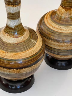 Pair 1960s Nova of California Hand-thrown Ceramic Lamps with Earth-tone Stripes
