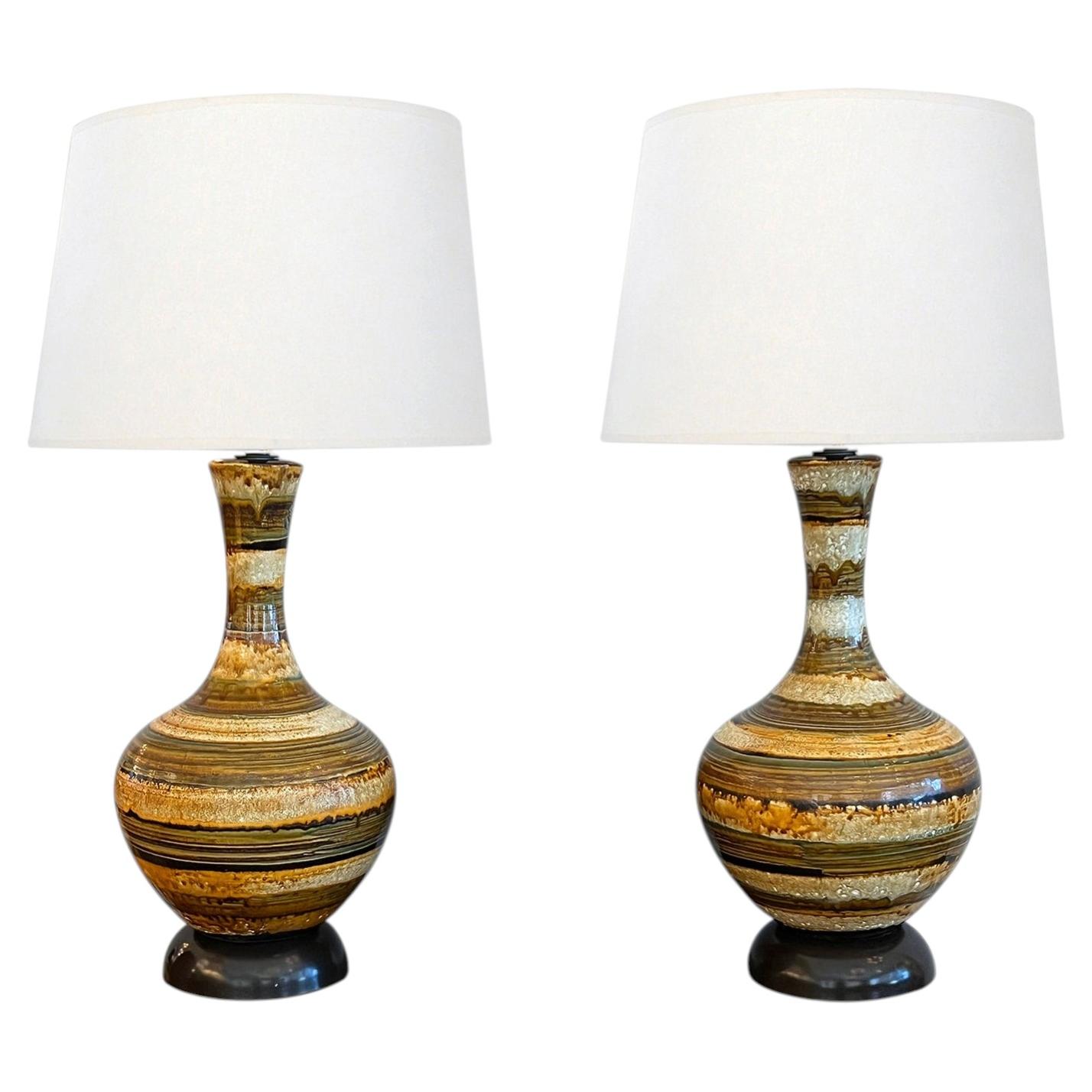Pair 1960s Nova of California Hand-thrown Ceramic Lamps with Earth-tone Stripes For Sale