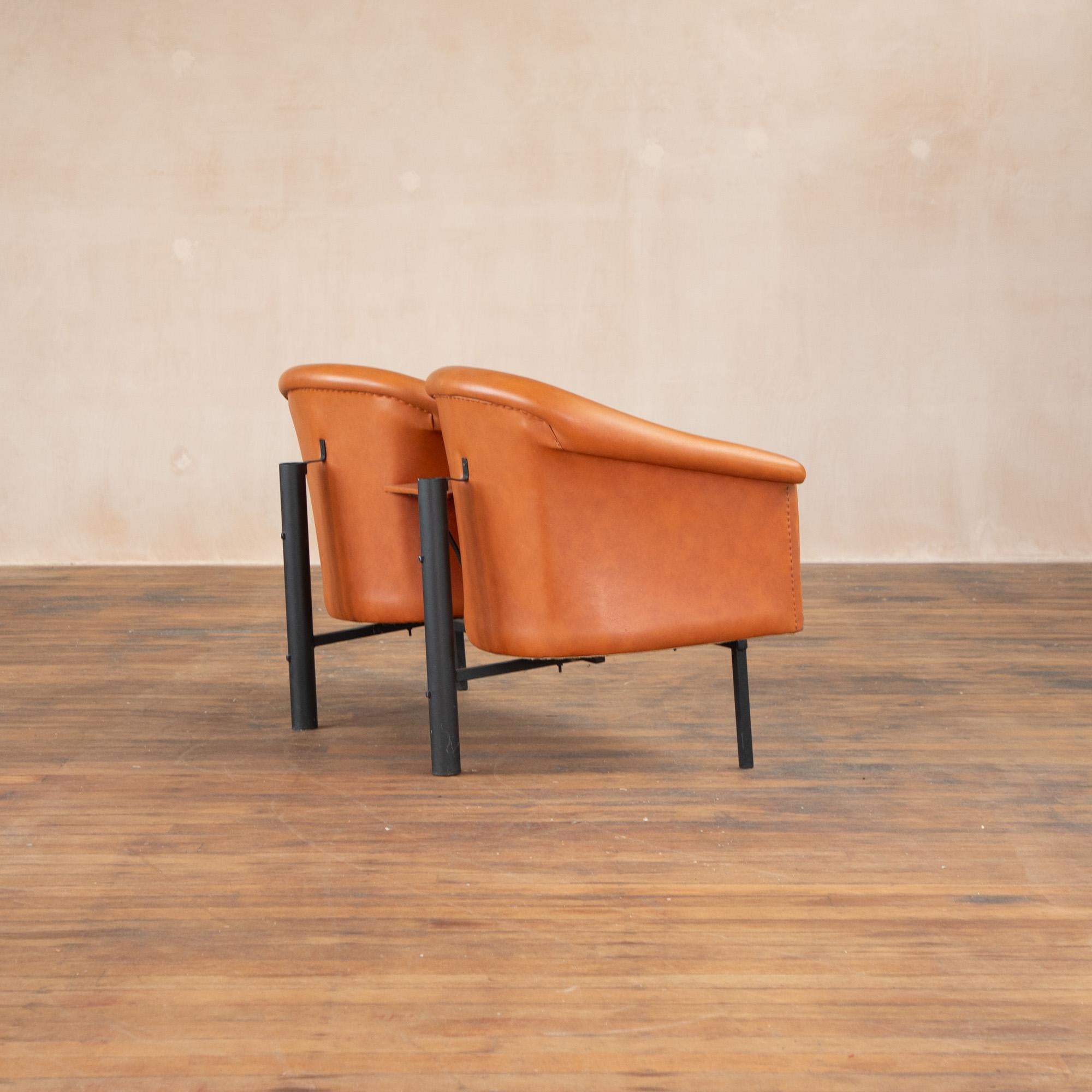 PVC Pair 1960s orange hairdressers tub chairs, reception, waiting room chairs