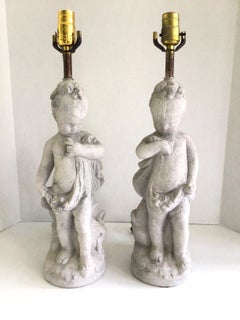 Pair 1960s Painted Plaster Cherub Lamps