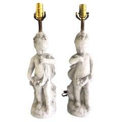Pair 1960s Painted Plaster Cherub Lamps