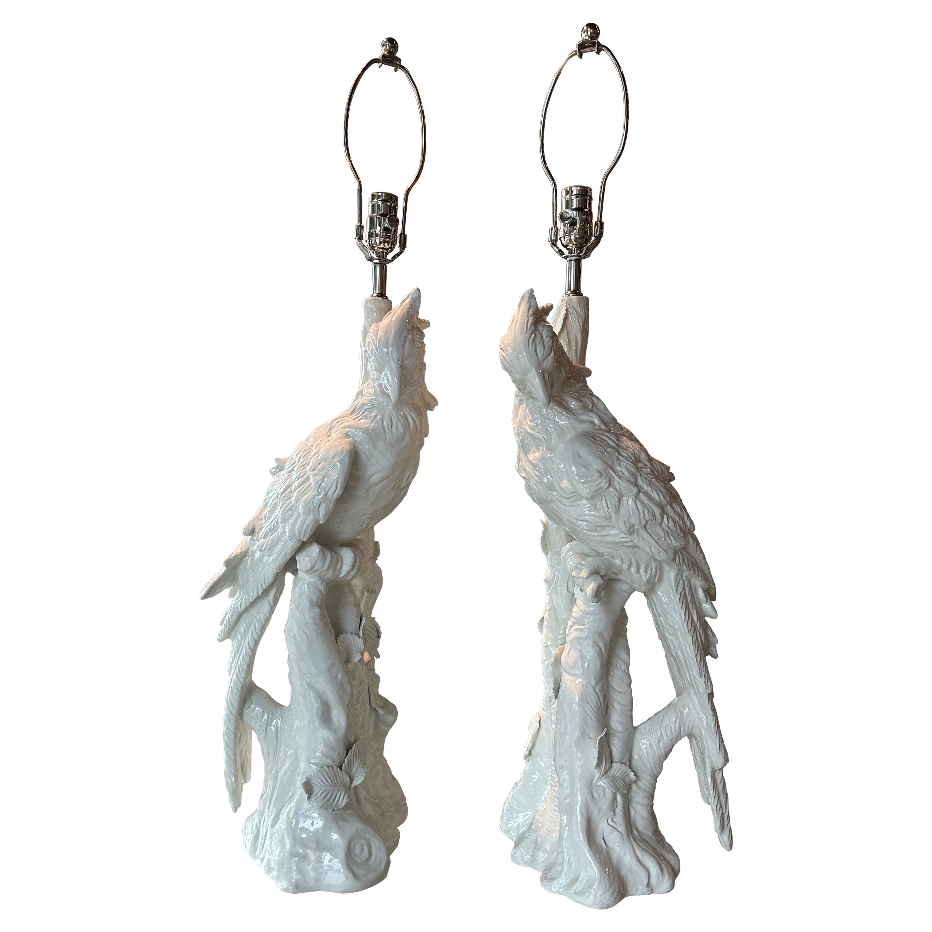 Pair 1960s Parrot Bird Cockatoo Italian Blanc De Chine Table Lamps Newly Wired