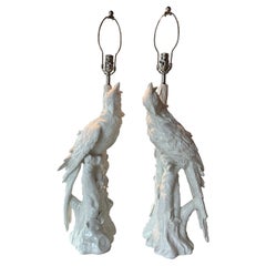 Pair 1960s Parrot Bird Cockatoo Italian Blanc De Chine Table Lamps Newly Wired