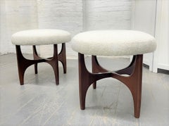 Pair 1960s Solid Walnut Stools in Boucle Fabric