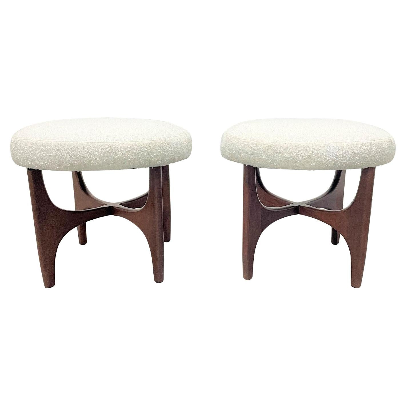 Pair 1960s Solid Walnut Stools in Boucle Fabric For Sale