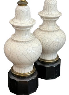 Pair 1960s Stiffel Asian Inspired Ivory Crackle-glaze Ginger Jar Lamps