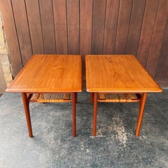 Pair 1960s Teak + Cane Danish Sofa Tables Vintage Mid-Century Magazine Shelf