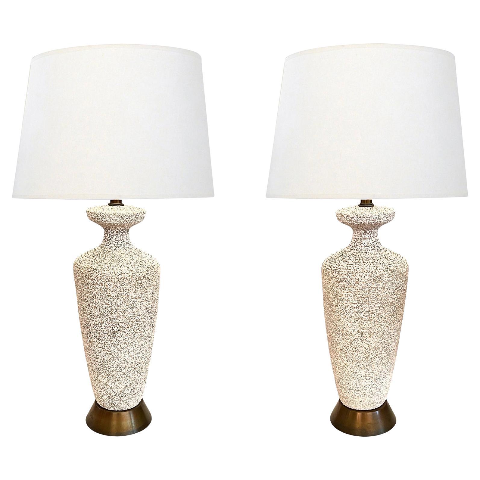 Pair 1960s Urn-form Textured Pottery Lamps