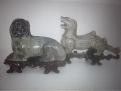 Pair 1960's Vintage Chinese Hand Carved Stone Sculptures of Foo Dogs