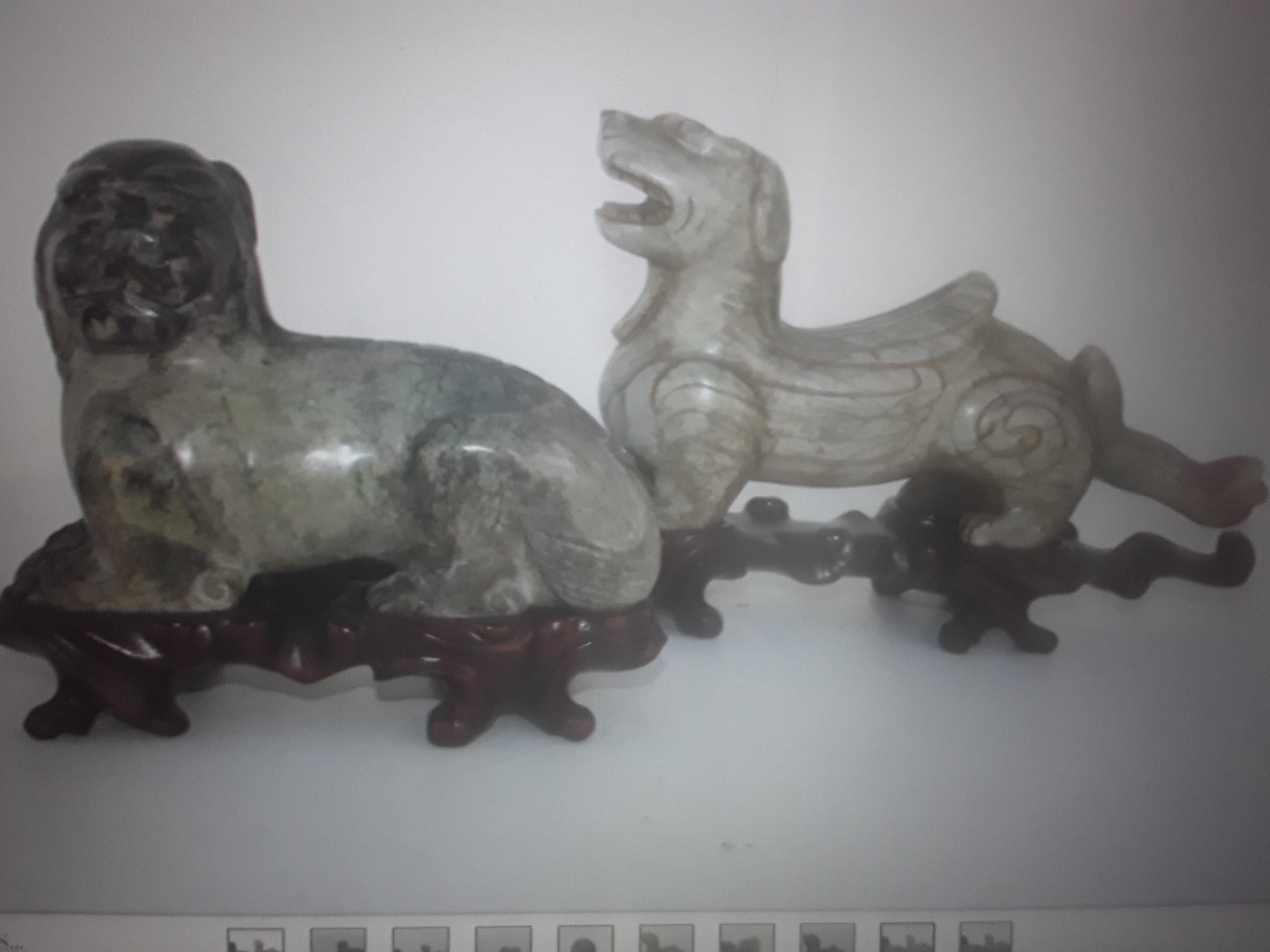 Mid-Century Modern Pair 1960's Vintage Chinese Hand Carved Stone Sculptures of Foo Dogs For Sale