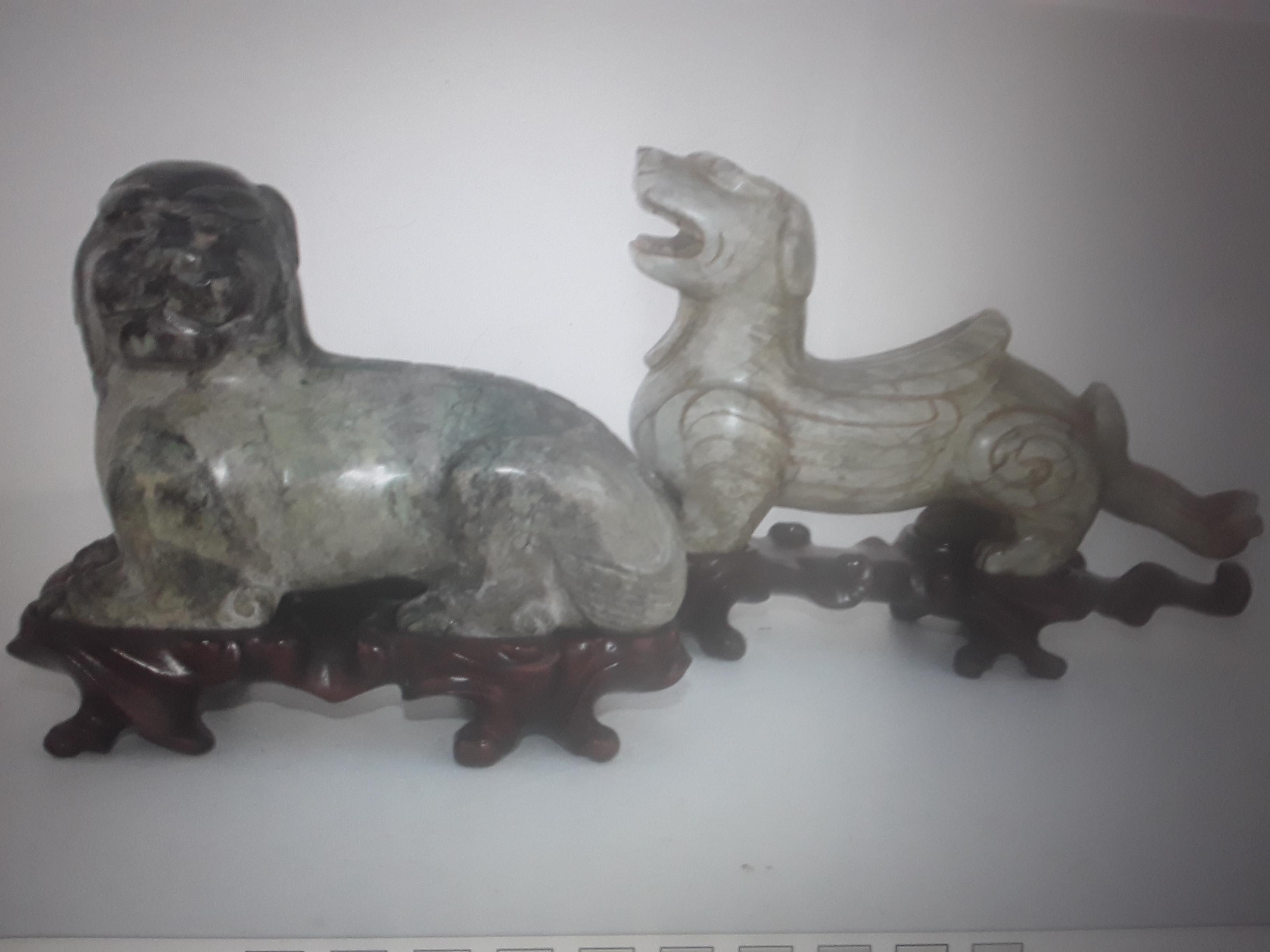 Pair 1960's Vintage Chinese Hand Carved Stone Sculptures of Foo Dogs In Good Condition For Sale In Opa Locka, FL