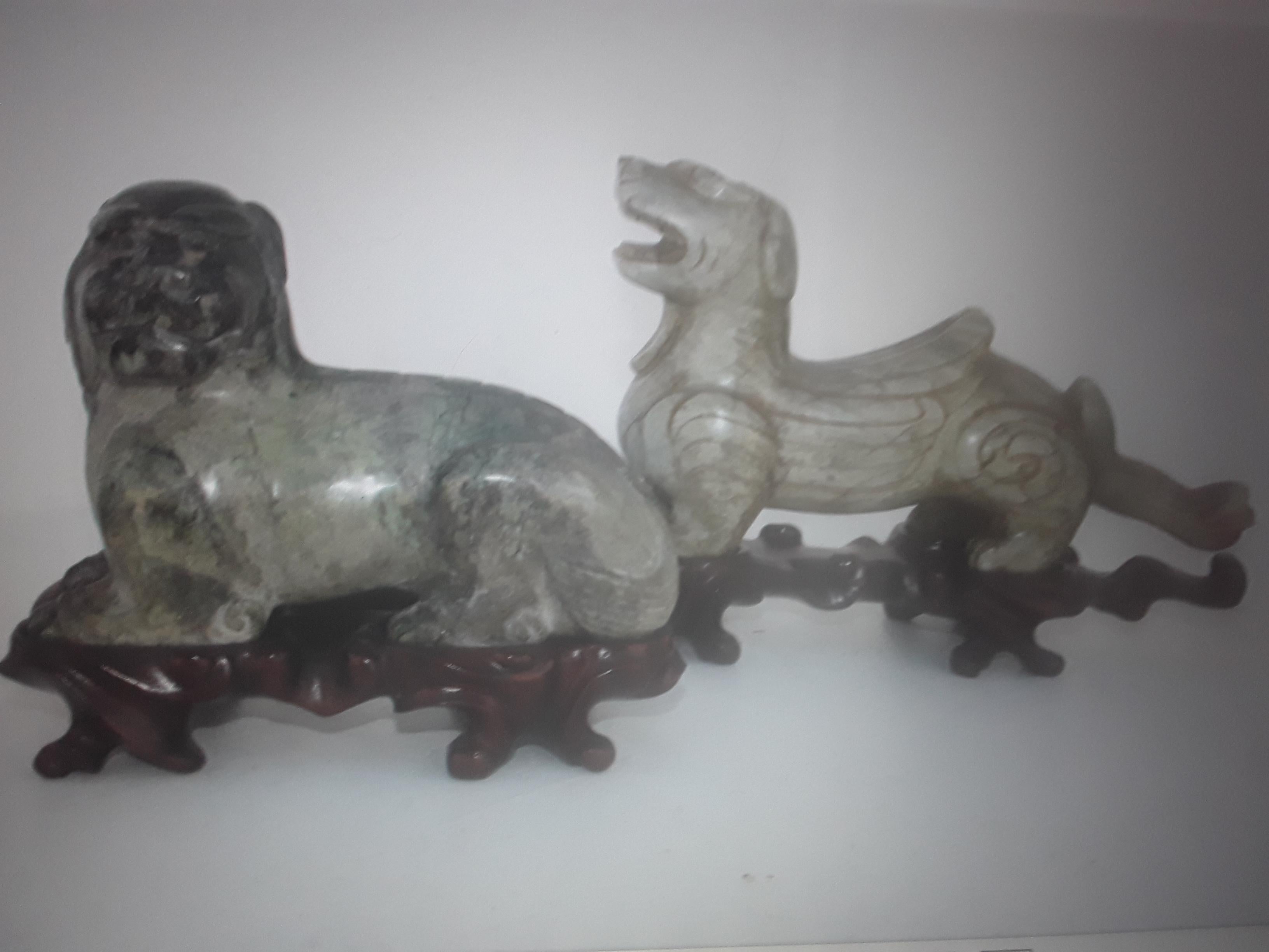 Mid-20th Century Pair 1960's Vintage Chinese Hand Carved Stone Sculptures of Foo Dogs For Sale