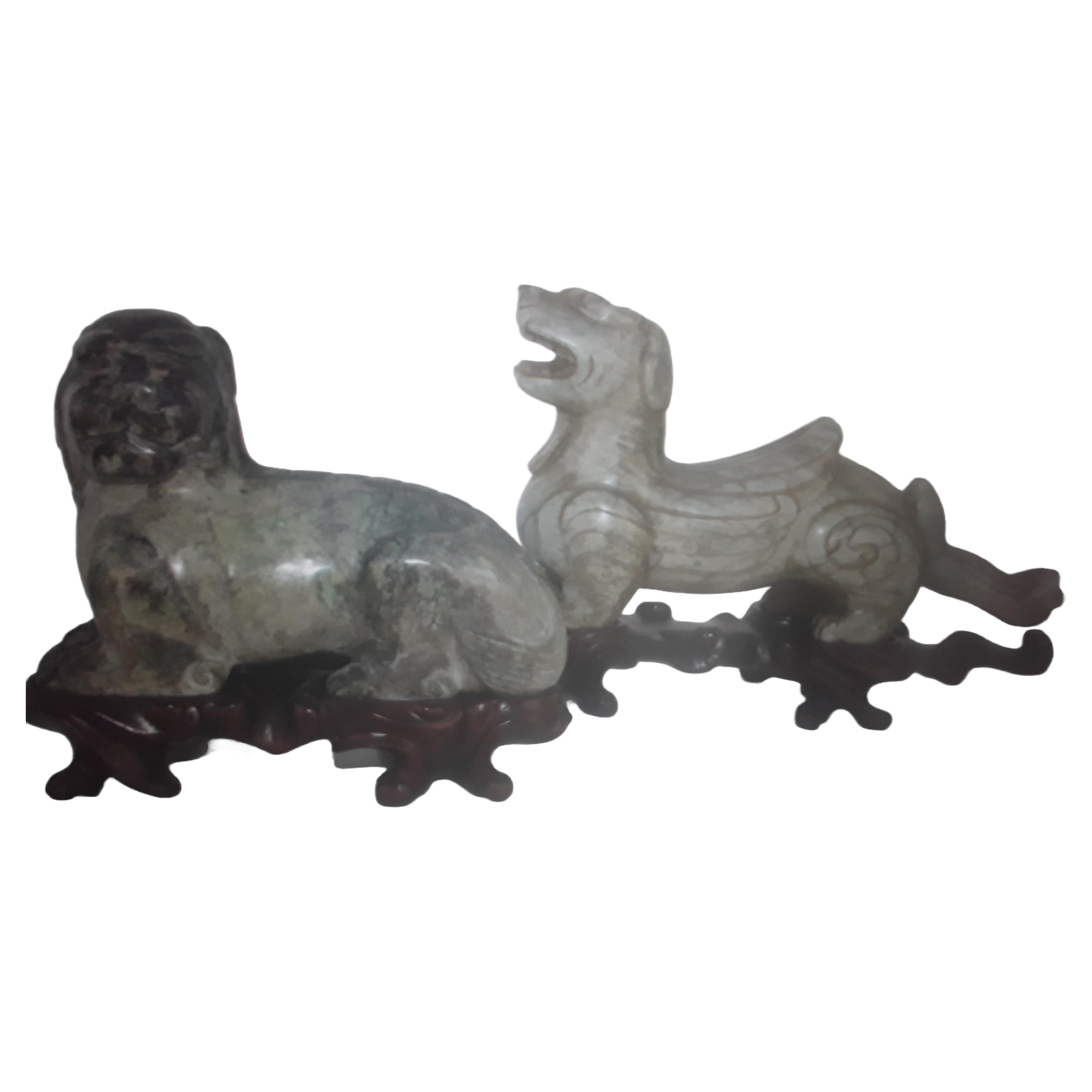 Pair 1960's Vintage Chinese Hand Carved Stone Sculptures of Foo Dogs For Sale