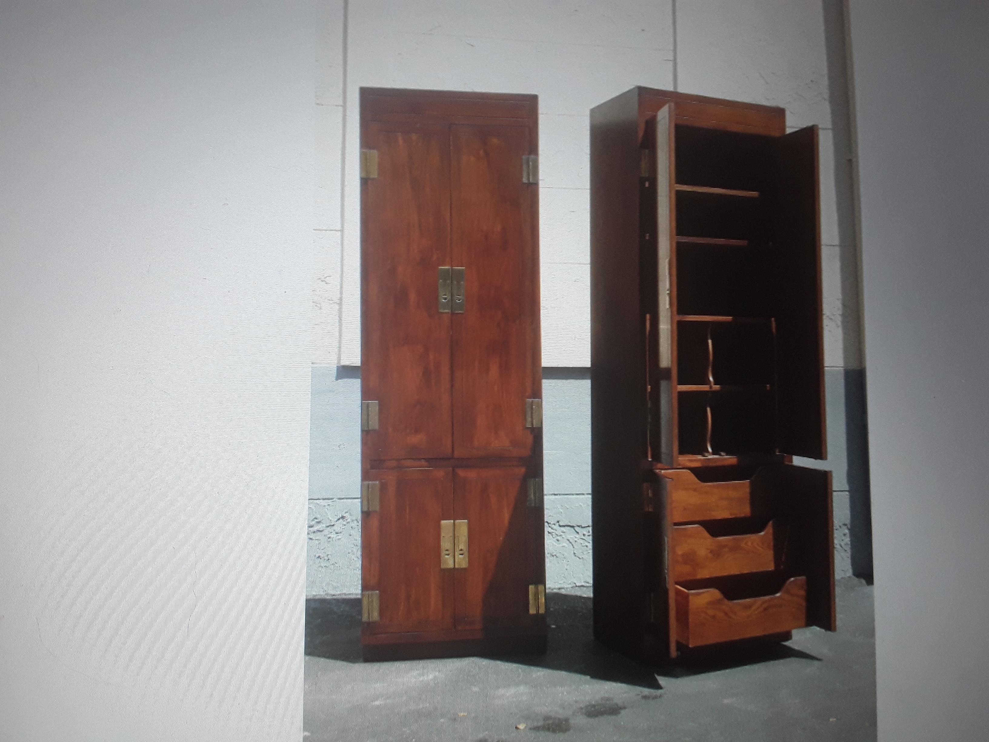 Wood Pair 1960's Vintage Tall Campaign style Walnut Wardrobes/ Armoires - Slim  For Sale