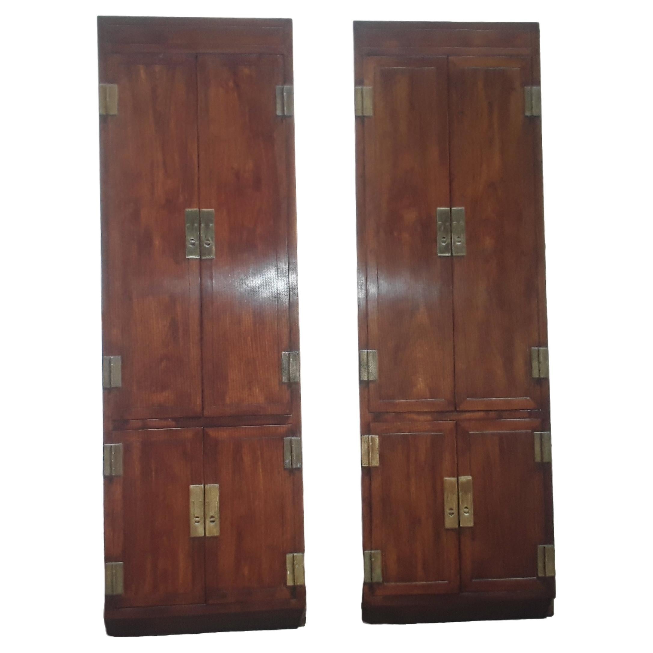 Pair 1960's Vintage Tall Campaign style Walnut Wardrobes/ Armoires - Slim 