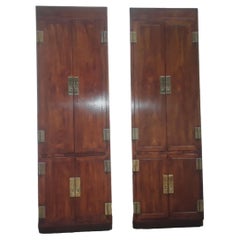 Pair 1960's Retro Tall Campaign style Walnut Wardrobes/ Armoires - Slim 
