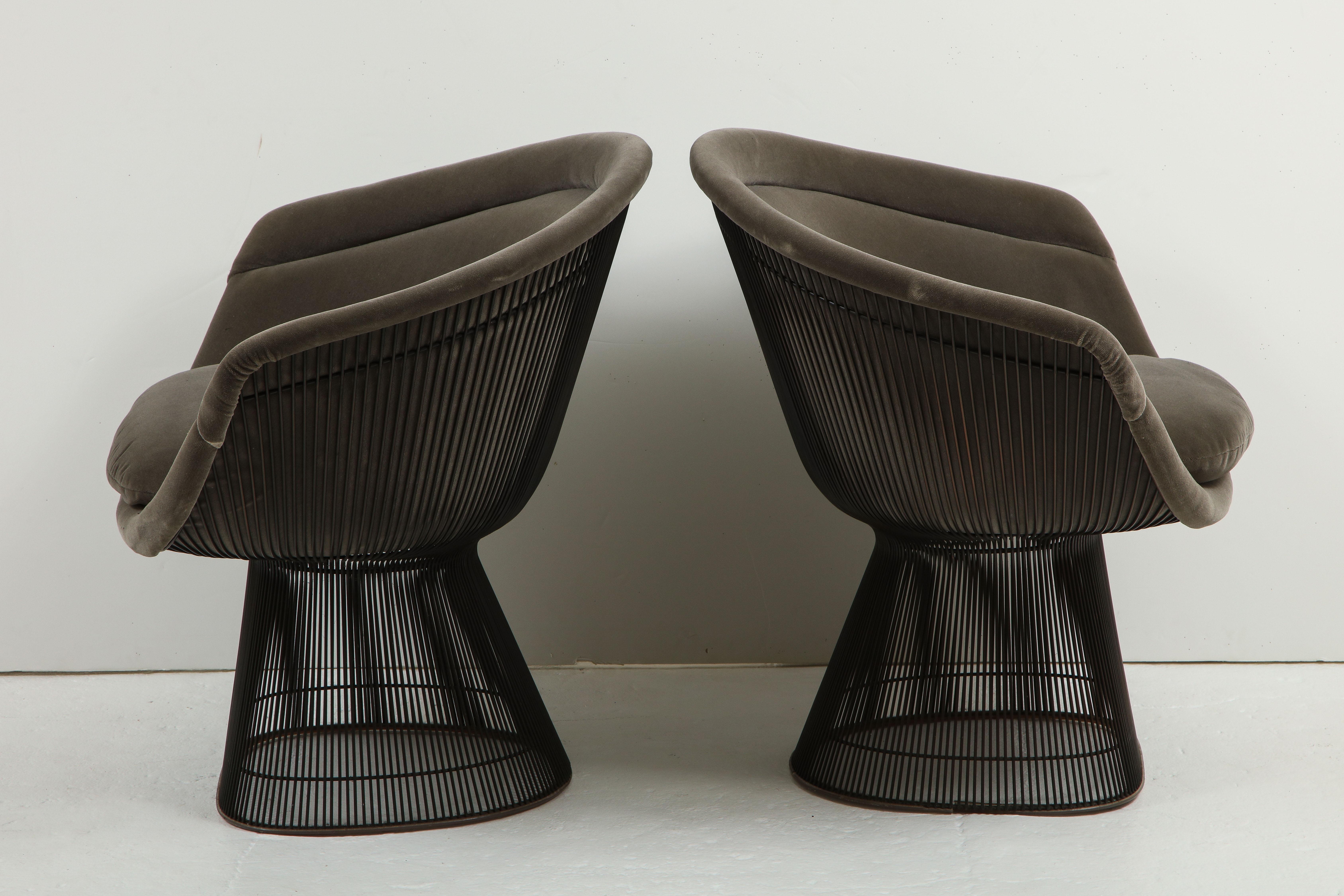 Mid-Century Modern Pair of 1970s Warren Platner for Knoll Bronze Lounge Chairs, Grey Velvet