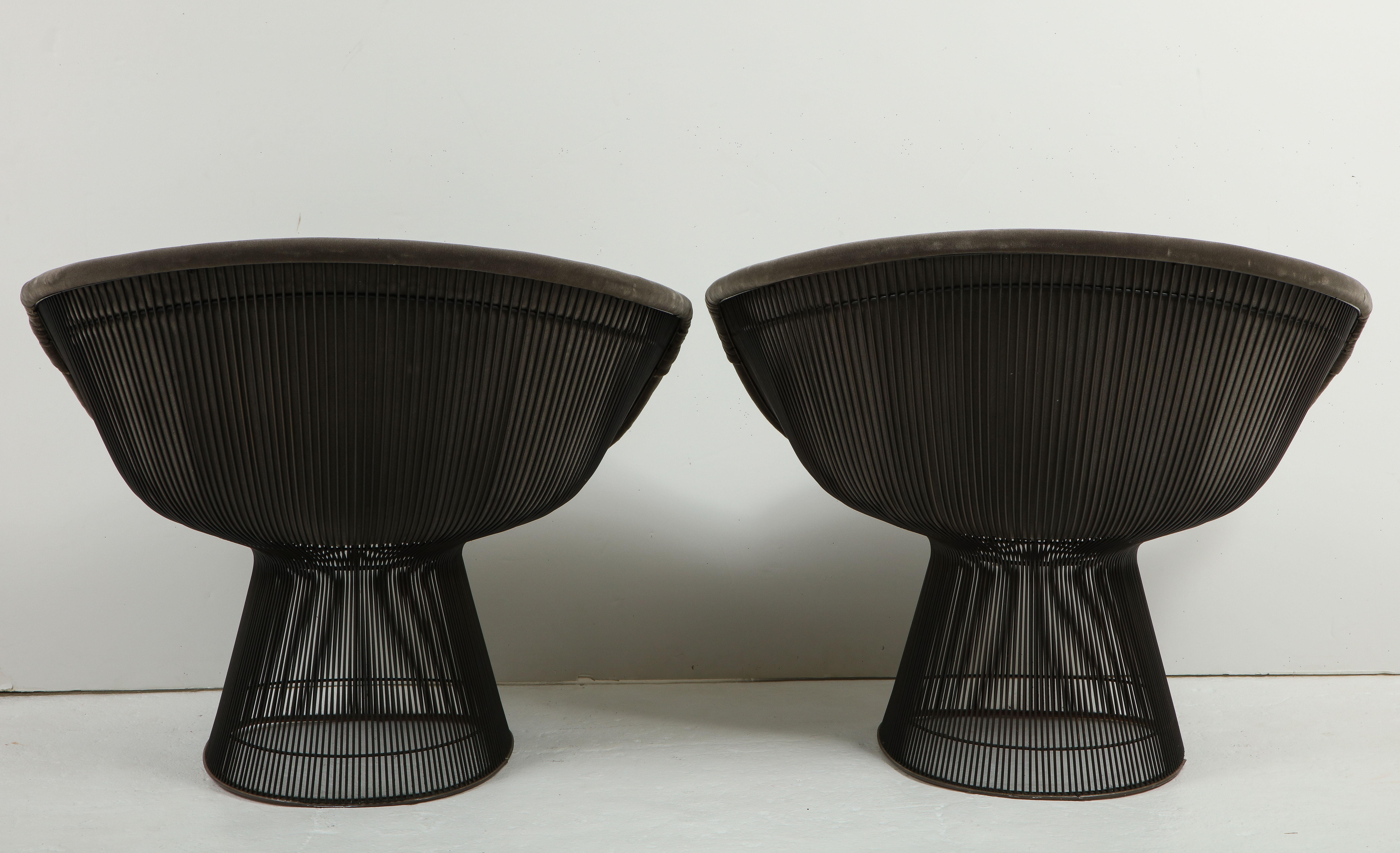 American Pair of 1970s Warren Platner for Knoll Bronze Lounge Chairs, Grey Velvet