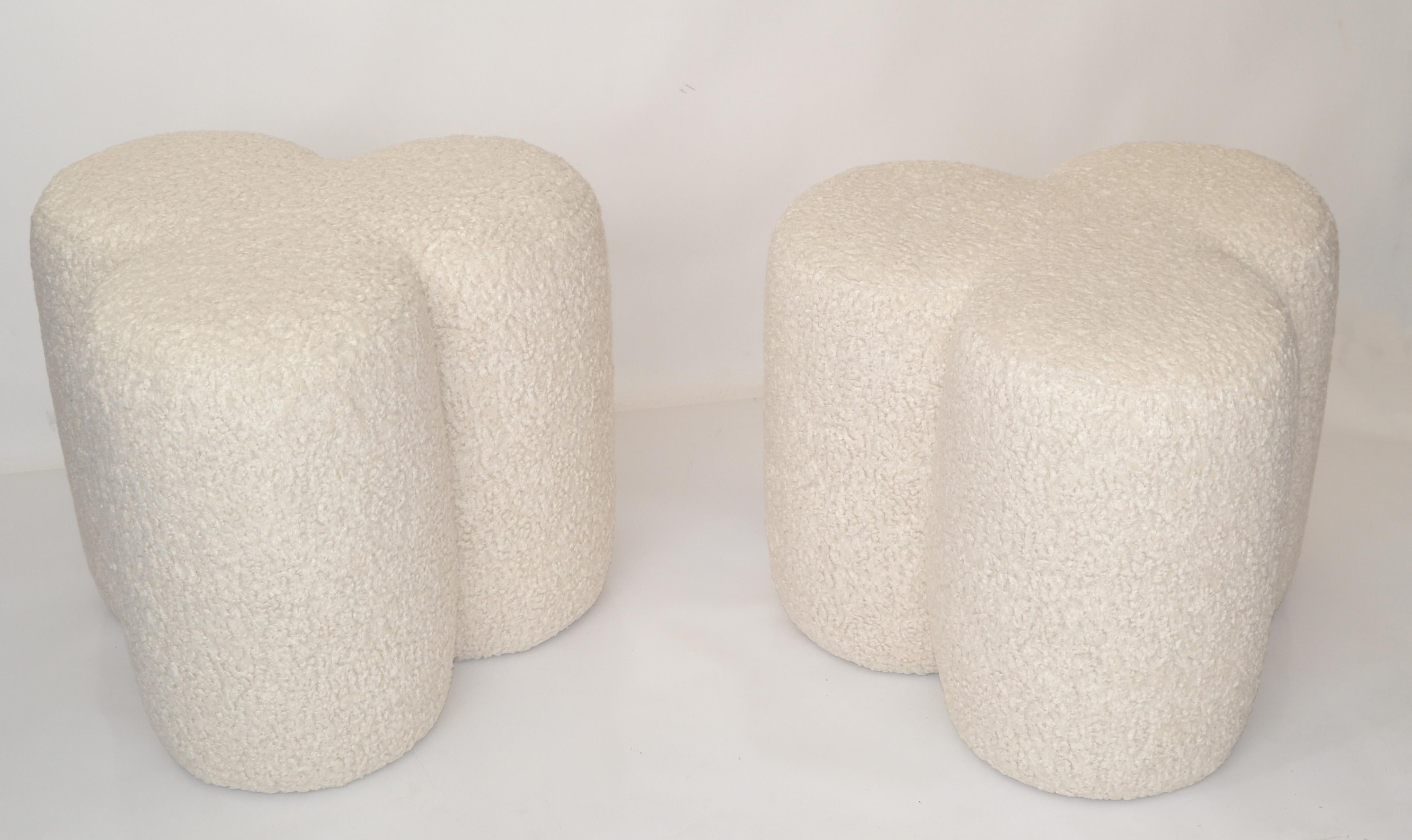 Pair 1970 Club Shaped Teddy Wool Bouclé Upholstery Ottoman Footstool Mid-Century For Sale 6