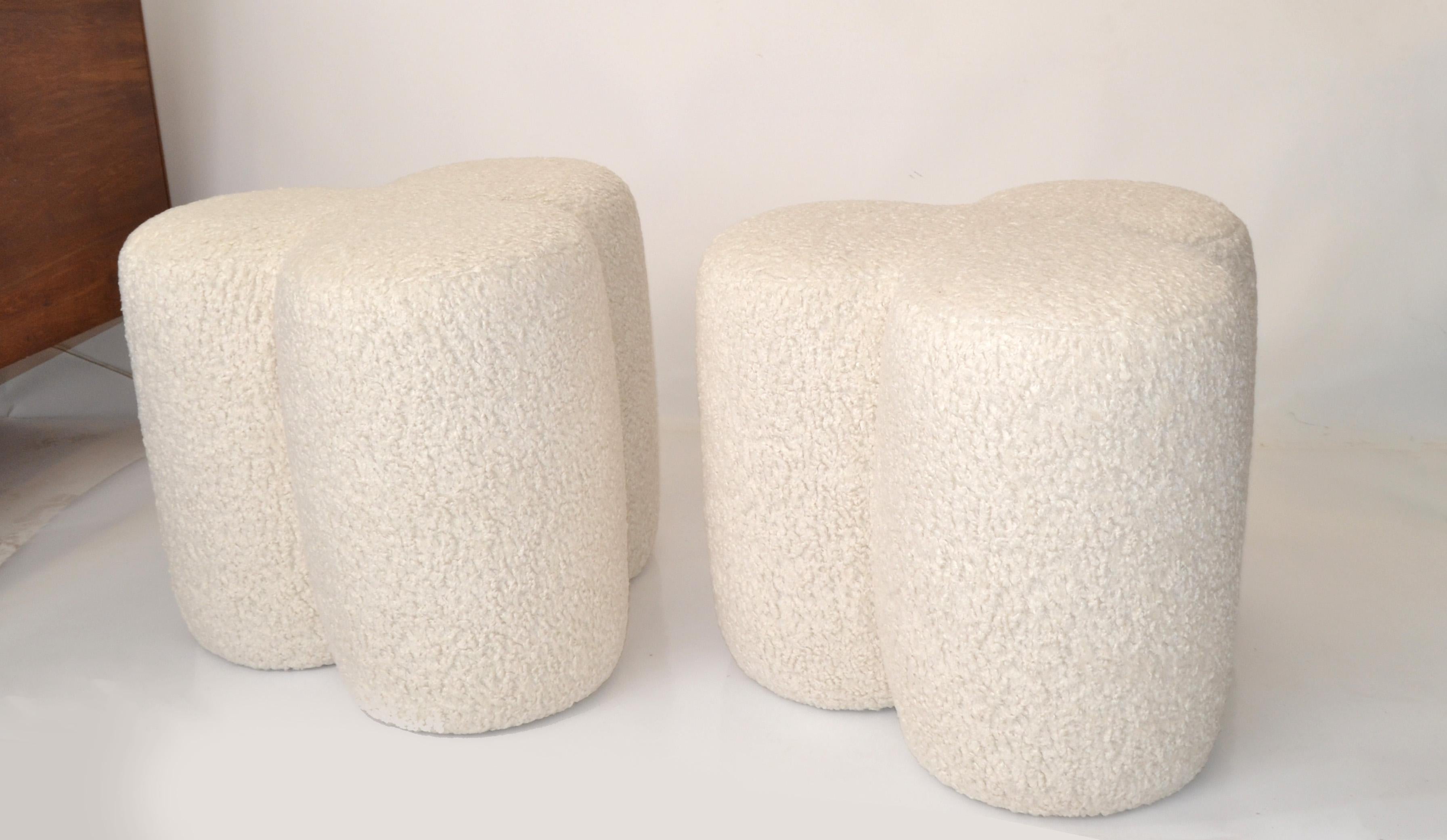 Hand-Crafted Pair 1970 Club Shaped Teddy Wool Bouclé Upholstery Ottoman Footstool Mid-Century For Sale